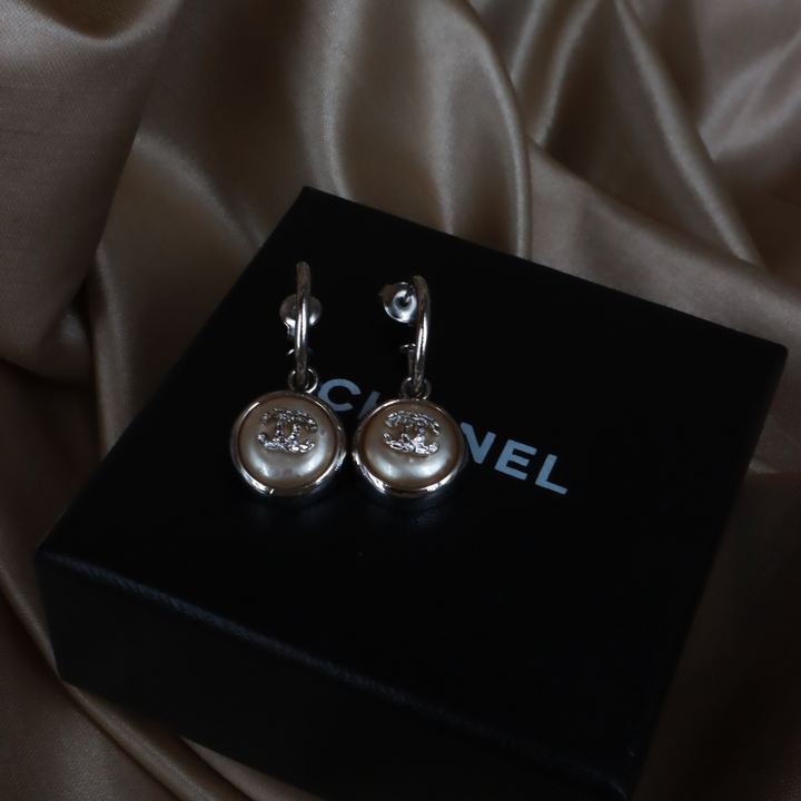 CHANEL White Pearl Double C Pendant Earrings