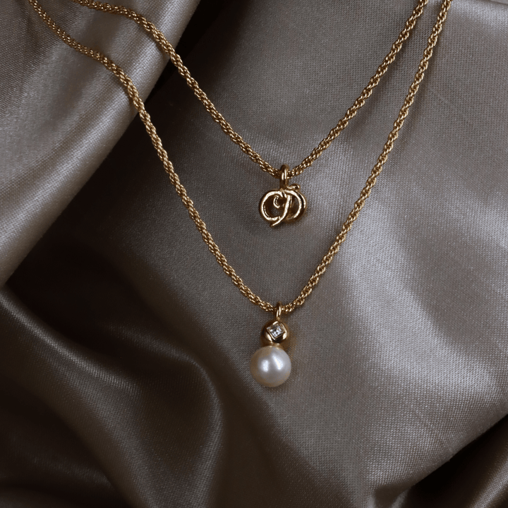 CHRISTIAN DIOR 珍珠Double CD吊墜項鏈 - Vintasy