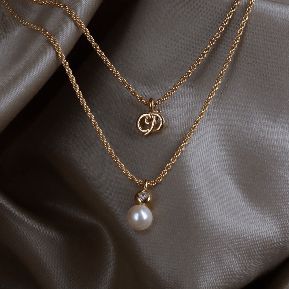 CHRISTIAN DIOR 珍珠Double CD吊墜項鏈 - Vintasy