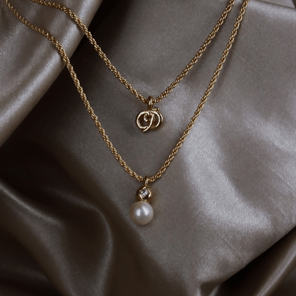 CHRISTIAN DIOR 珍珠Double CD吊墜項鏈 - Vintasy