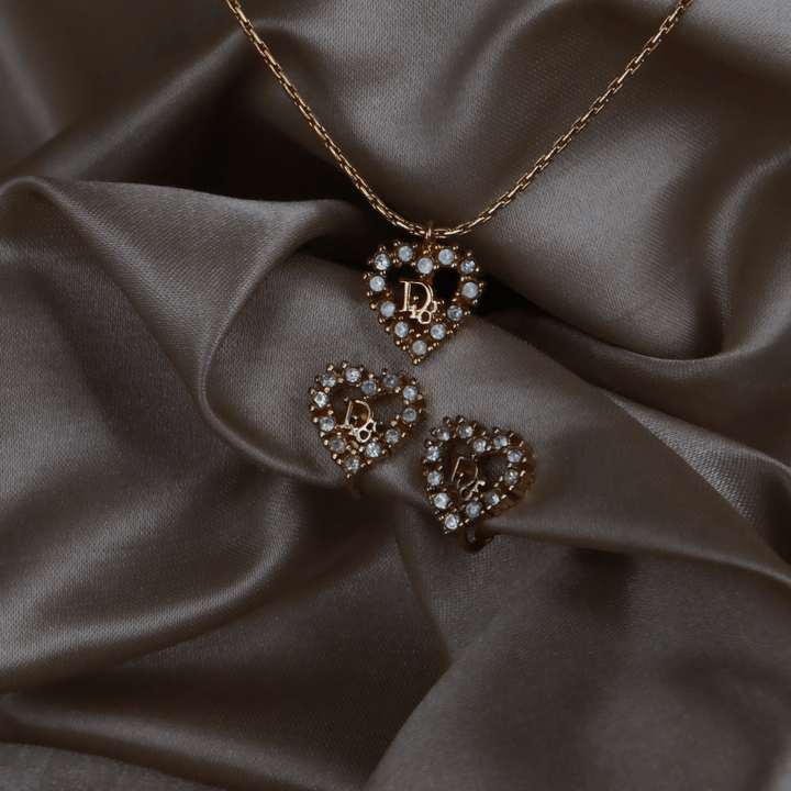 CHRISTIAN DIOR 心型閃石項鏈連耳夾 全套 | 秒殺熱賣款 |附原盒 - Vintasy項鏈