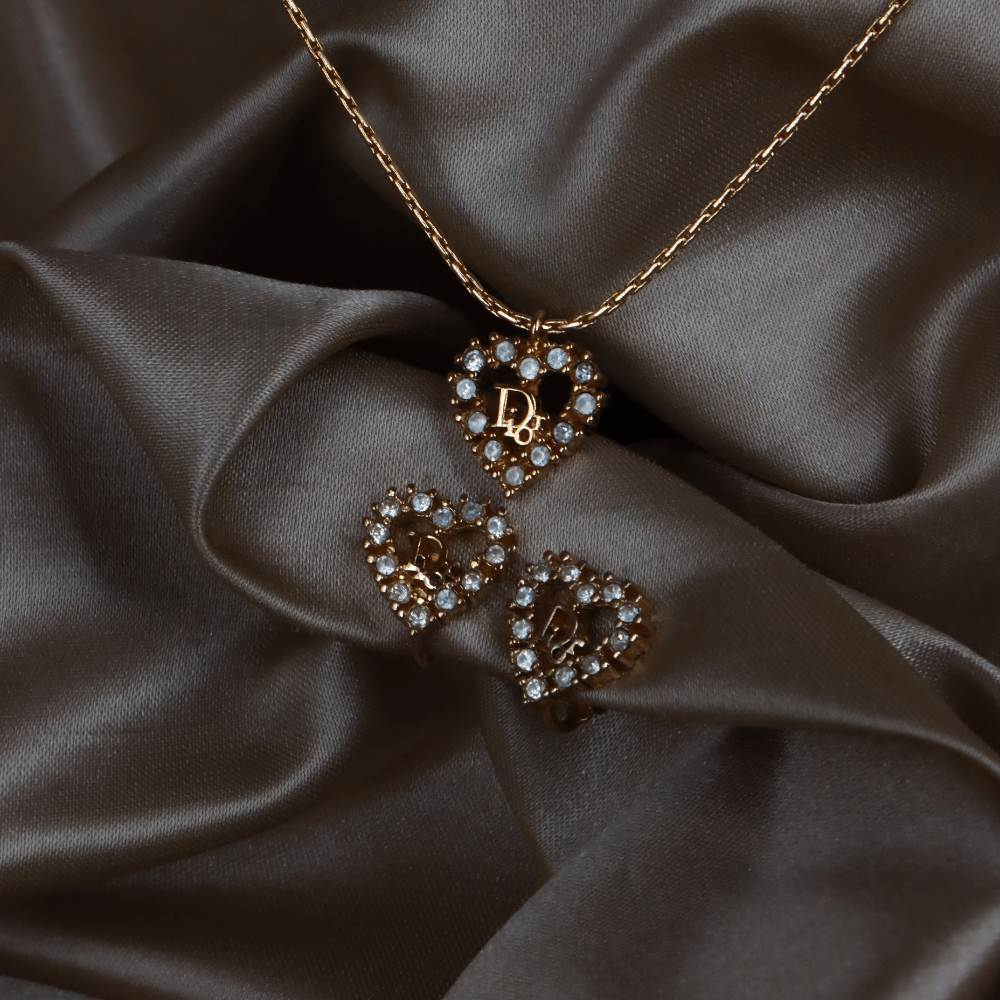 CHRISTIAN DIOR 心型閃石項鏈連耳夾 全套 | 秒殺熱賣款 |附原盒 - Vintasy項鏈