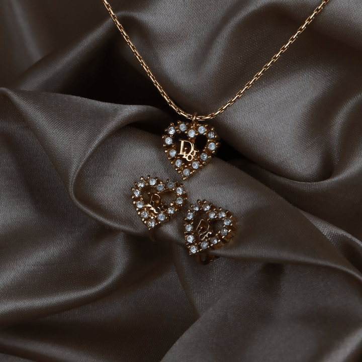 CHRISTIAN DIOR 心型閃石項鏈連耳夾 全套 | 秒殺熱賣款 |附原盒 - Vintasy項鏈