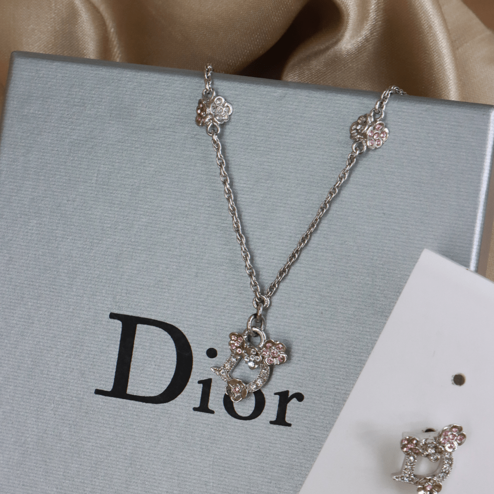 CHRISTIAN DIOR 粉紅閃石吊墜項鏈連耳環 |未使用品附原盒 - Vintasy項鏈
