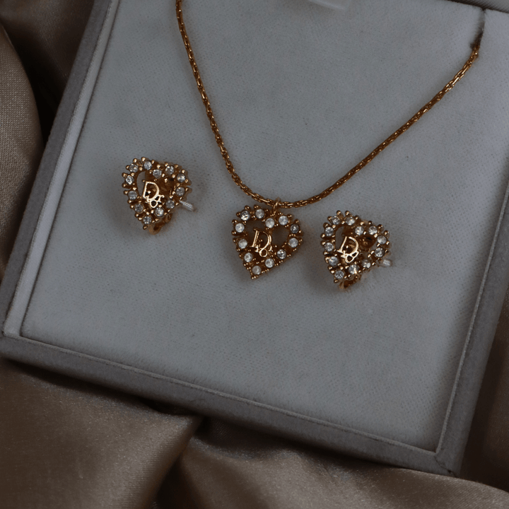 CHRISTIAN DIOR 心型閃石項鏈連耳夾 全套 | 秒殺熱賣款 |附原盒 - Vintasy項鏈