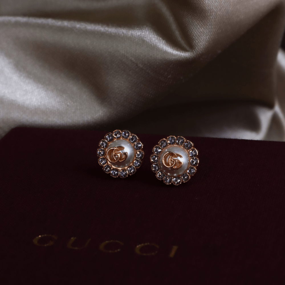 Gucci GG Marmont 金屬珍珠粉紅金耳環|未使用品連原盒 - Vintasy