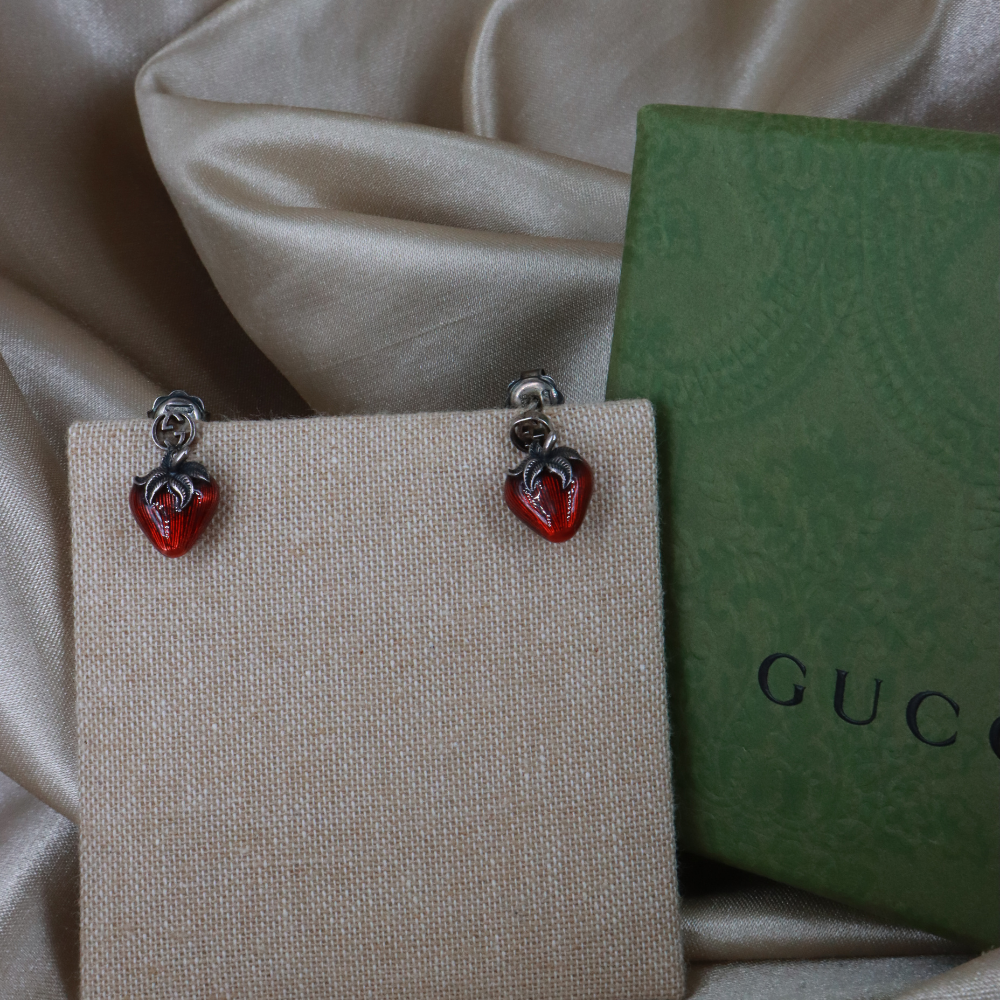 GUCCI 925銀草莓琺瑯耳環