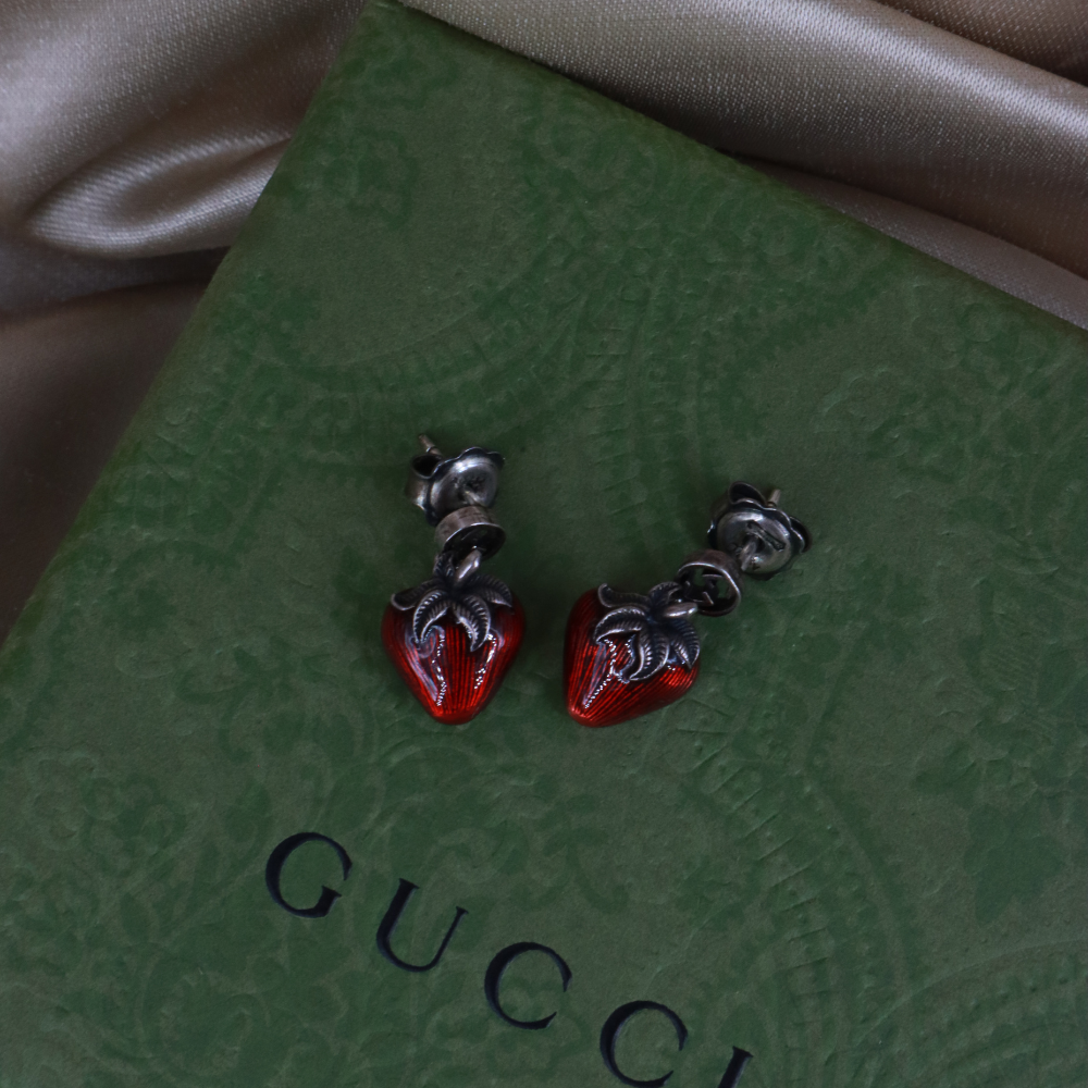GUCCI 925銀草莓琺瑯耳環