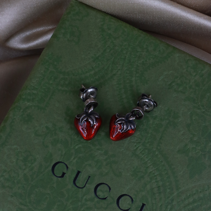 GUCCI 925銀草莓琺瑯耳環
