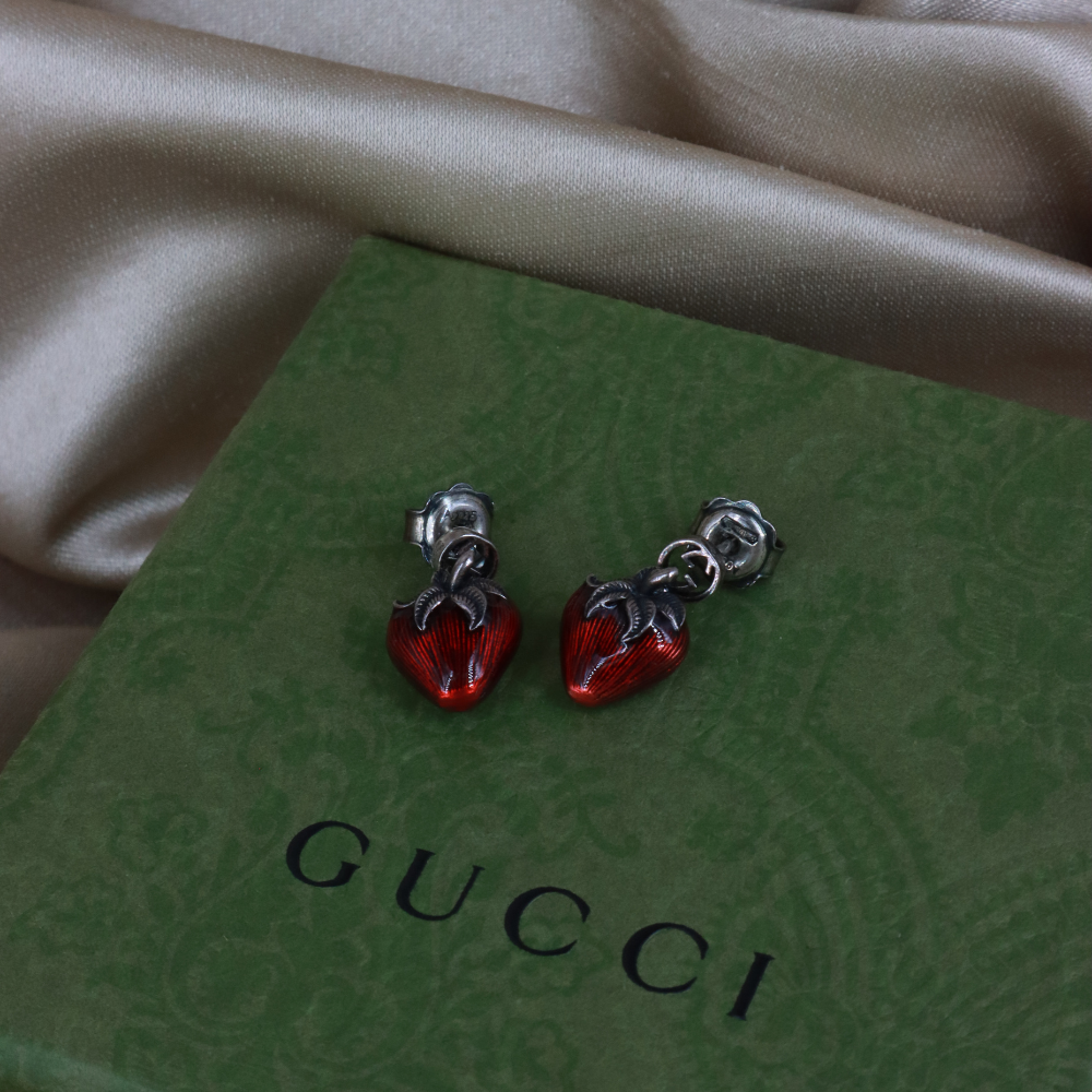 GUCCI 925銀草莓琺瑯耳環