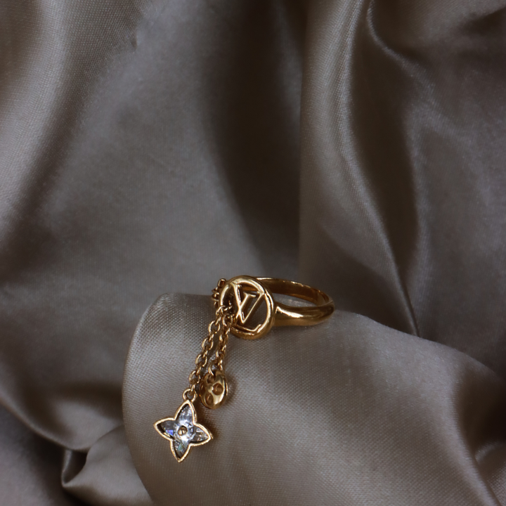 LOUIS VUITTON Monogram Flower 垂墜戒指（金色）｜附原盒