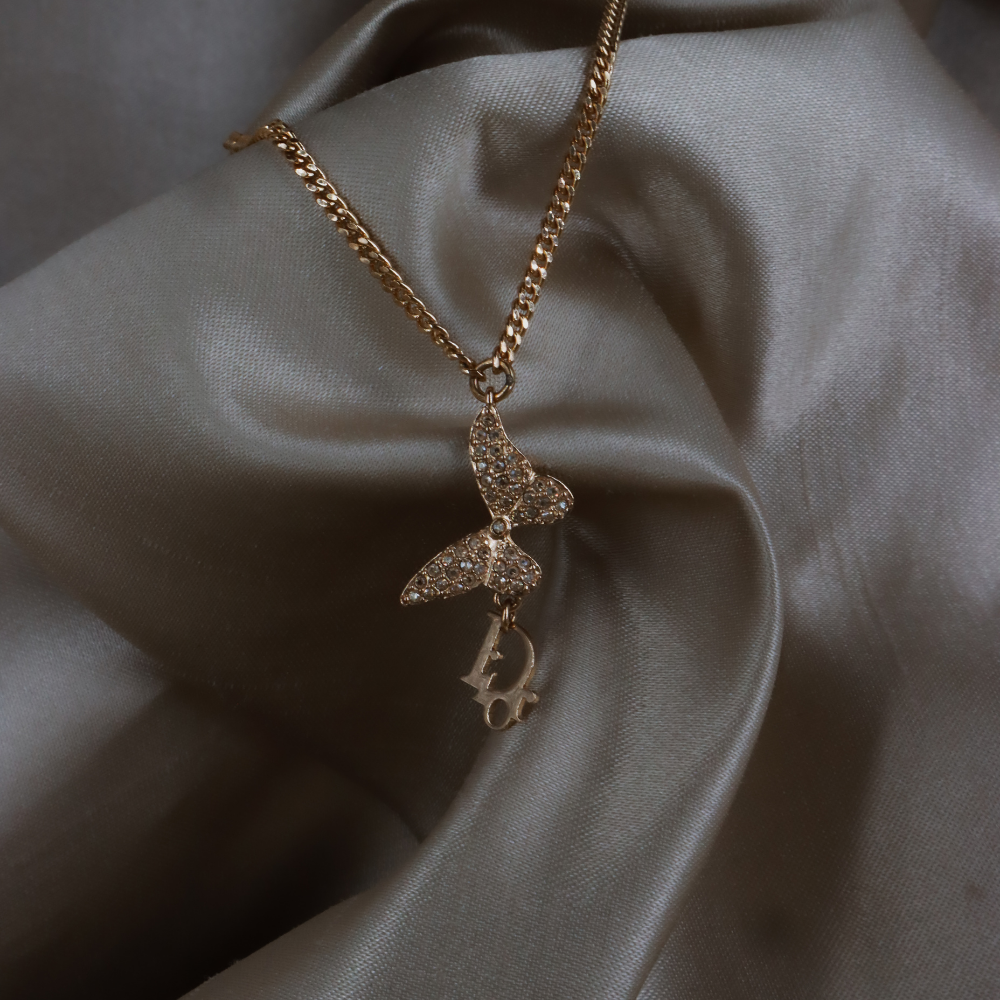 CHRISTIAN DIOR 玫瑰金蝴蝶結 CD Logo 水晶手鏈