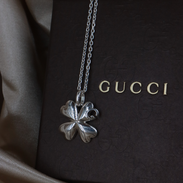 GUCCI Vintage 四葉草吊墜項鏈（銀色）｜附原盒未使用！