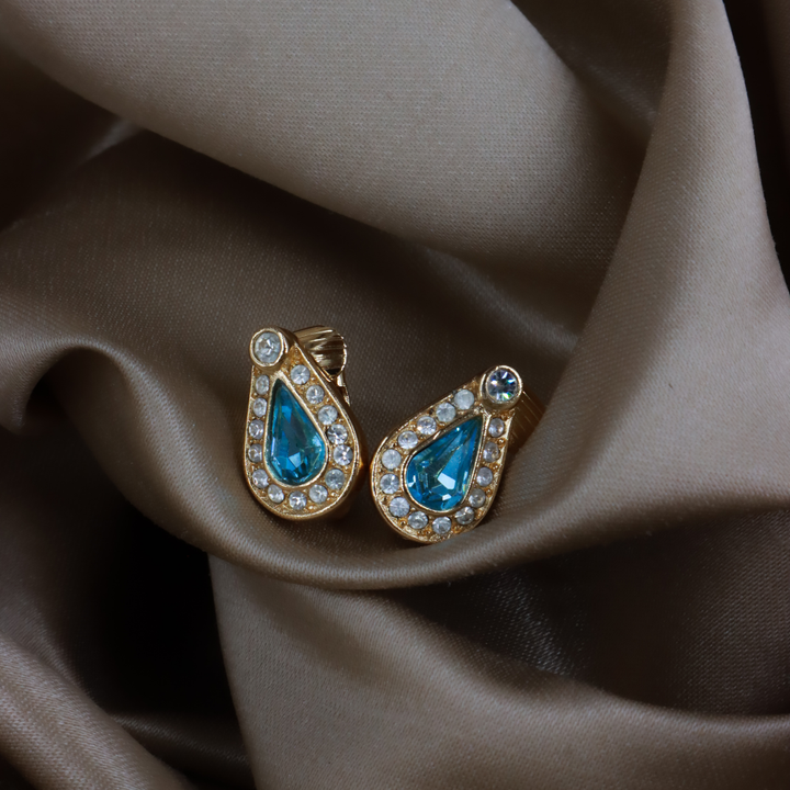CHRISTIAN DIOR 復古金色水滴水藍水晶耳夾 ｜1990年代