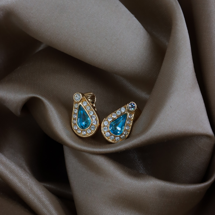 CHRISTIAN DIOR 復古金色水滴水藍水晶耳夾 ｜1990年代