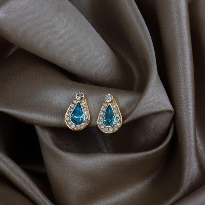 CHRISTIAN DIOR 復古金色水滴水藍水晶耳夾 ｜1990年代