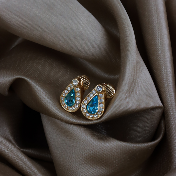 CHRISTIAN DIOR 復古金色水滴水藍水晶耳夾 ｜1990年代