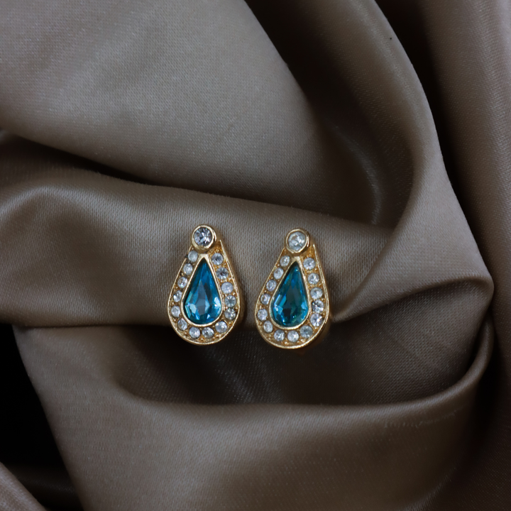 CHRISTIAN DIOR 復古金色水滴水藍水晶耳夾 ｜1990年代