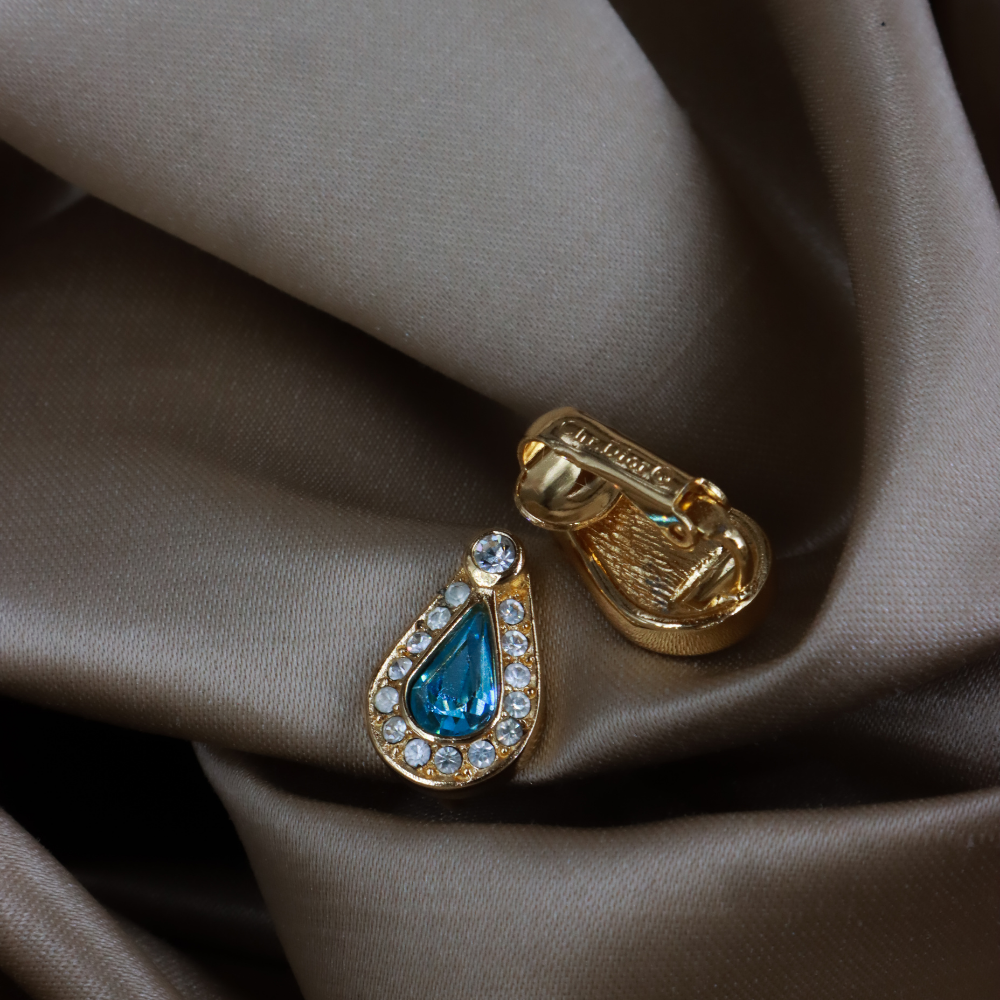 CHRISTIAN DIOR 復古金色水滴水藍水晶耳夾 ｜1990年代