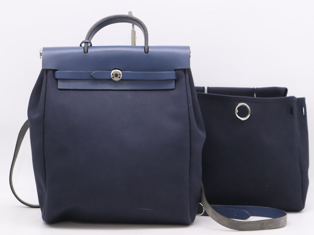 HERMES 帆布/皮革Herbag Backpack銀扣背包Navy （到貨日5月29日）