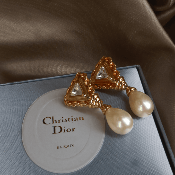CHRISTIAN DIOR 水晶珍珠耳夾（1990年代） - Vintasy耳夾