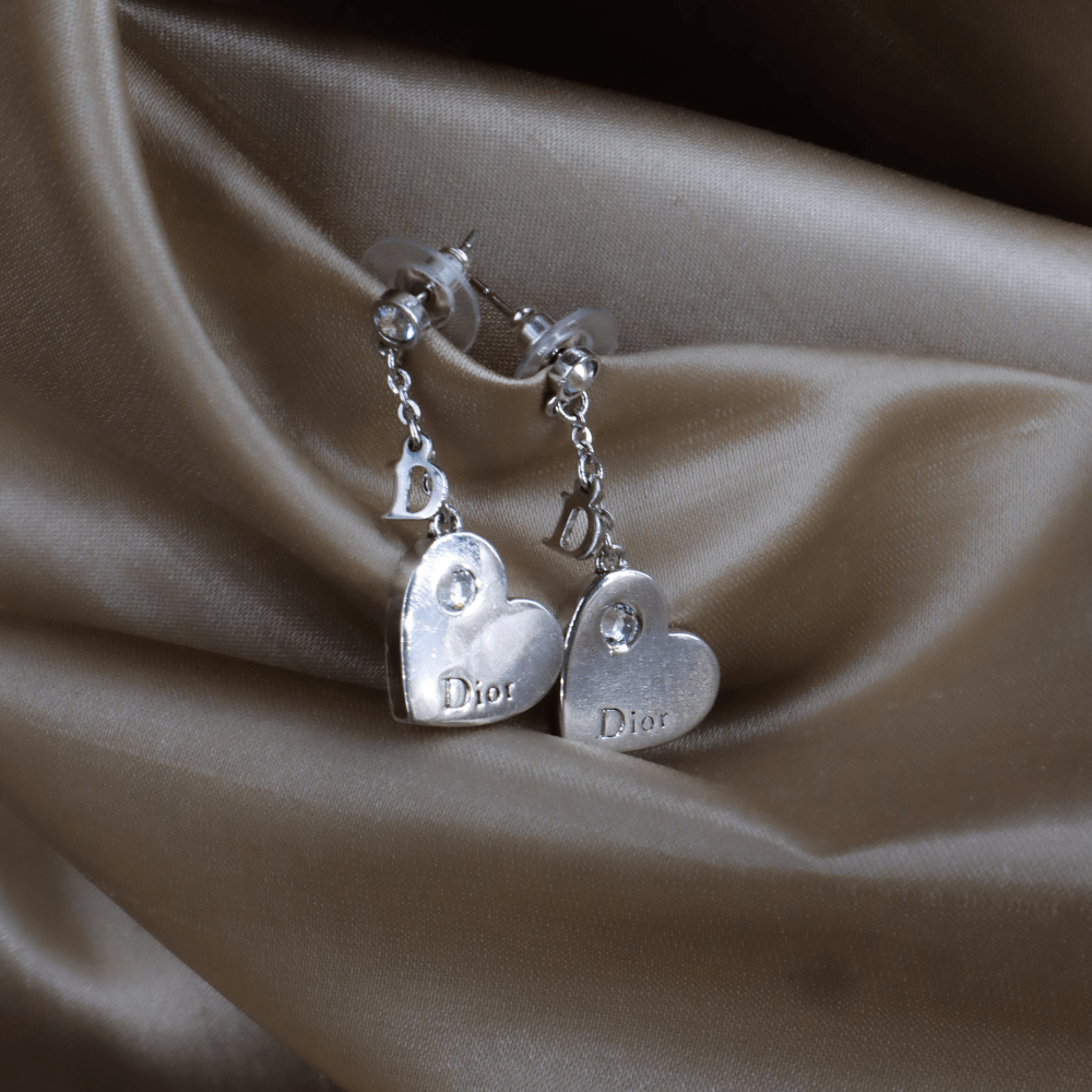 CHRISTIAN DIOR 愛心水晶吊墜耳環｜2000年代心心設計 - Vintasy