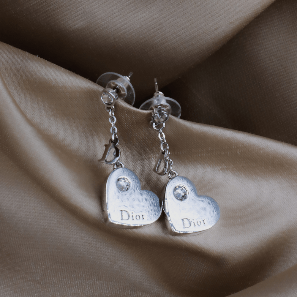 CHRISTIAN DIOR 愛心水晶吊墜耳環｜2000年代心心設計 - Vintasy
