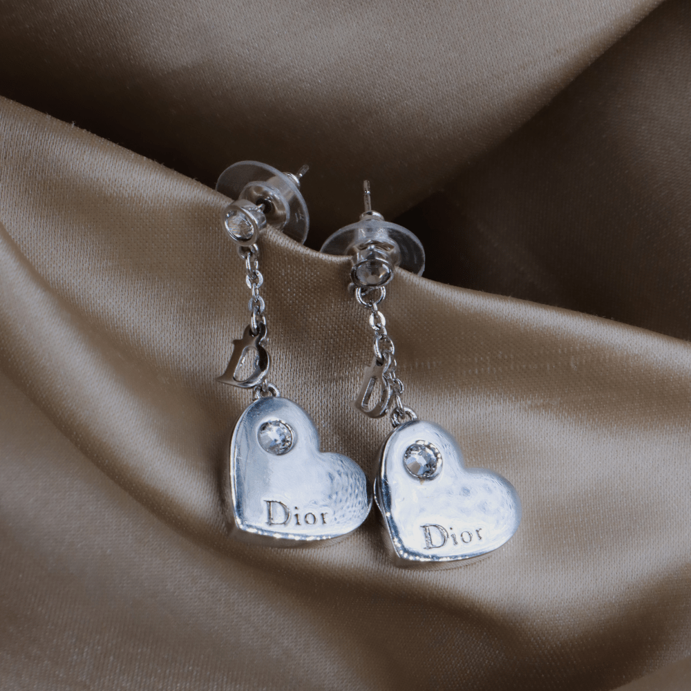 CHRISTIAN DIOR 愛心水晶吊墜耳環｜2000年代心心設計 - Vintasy