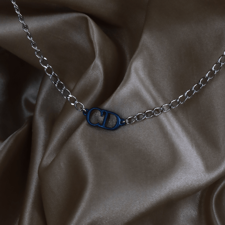 CHRISTIAN DIOR CD Icon 藍色琺瑯Logo銀色項鏈 - Vintasy
