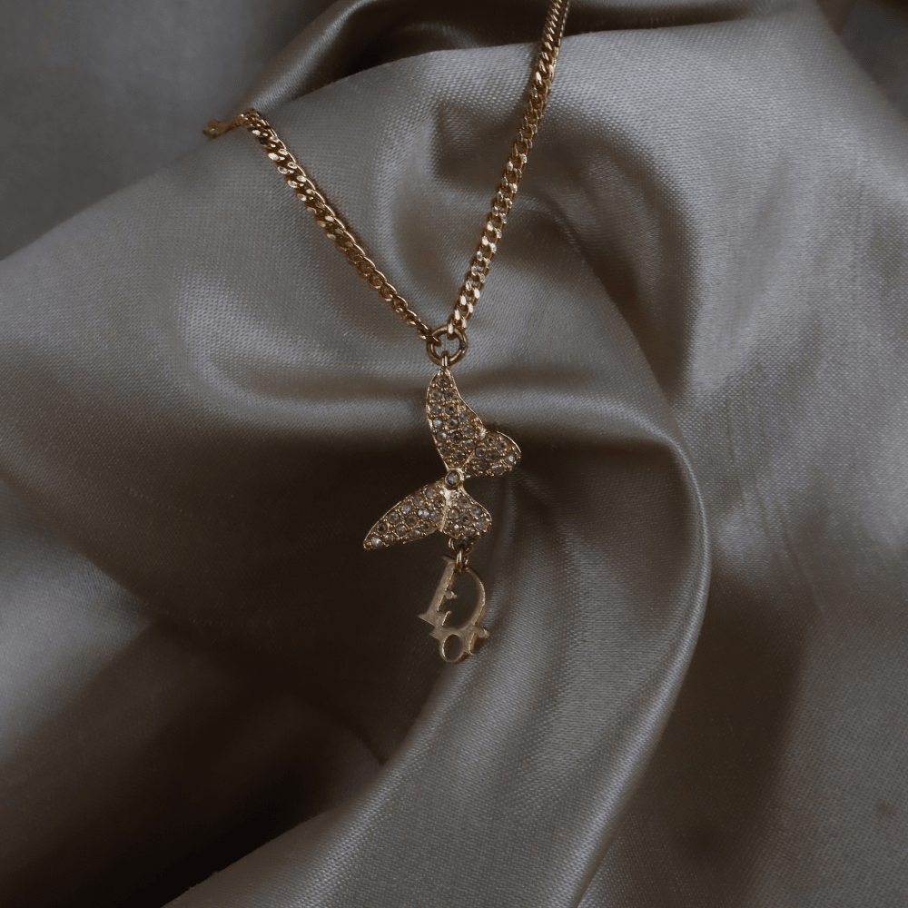 CHRISTIAN DIOR 玫瑰金蝴蝶結 CD Logo 水晶手鏈 - Vintasy項鏈