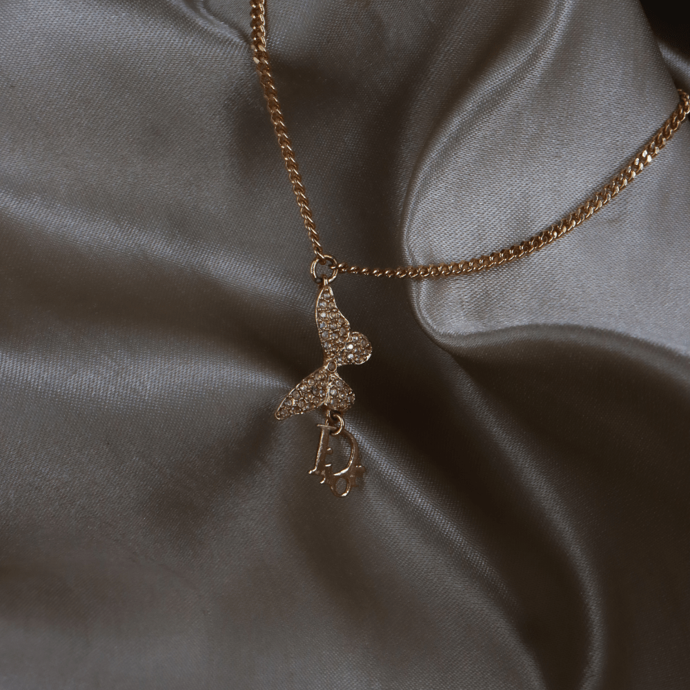 CHRISTIAN DIOR 玫瑰金蝴蝶結 CD Logo 水晶手鏈 - Vintasy項鏈