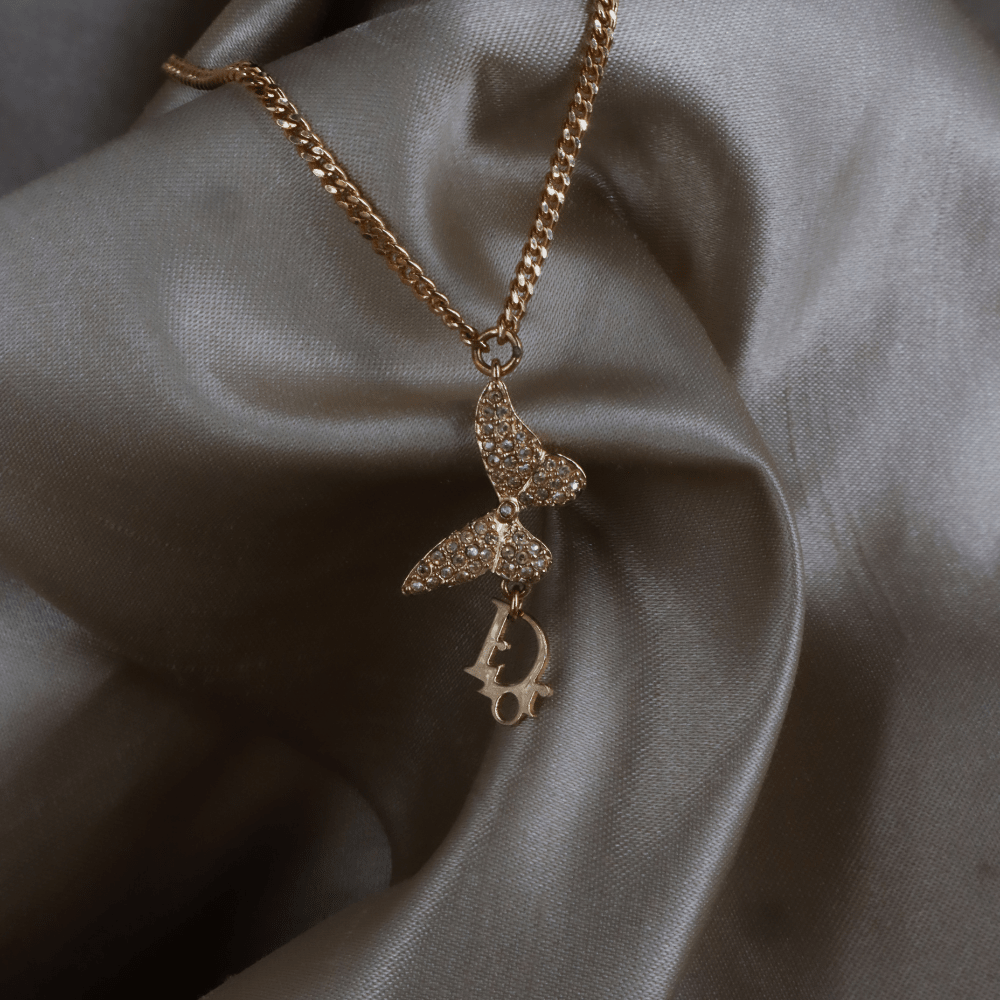 CHRISTIAN DIOR 玫瑰金蝴蝶結 CD Logo 水晶手鏈 - Vintasy項鏈