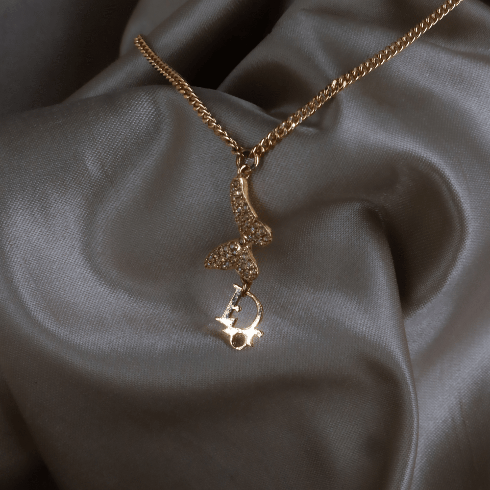 CHRISTIAN DIOR 玫瑰金蝴蝶結 CD Logo 水晶手鏈 - Vintasy項鏈