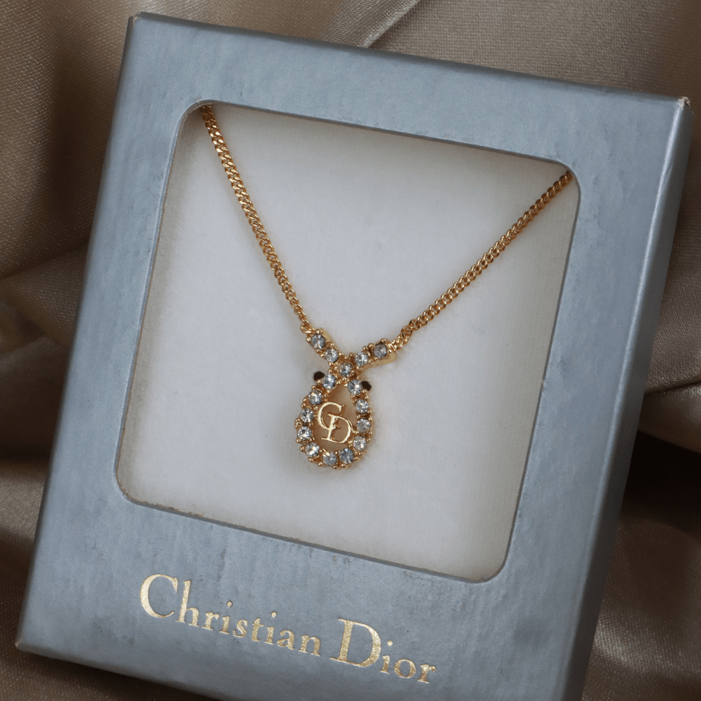 CHRISTIAN DIOR 水滴型吊墜CD閃石項鏈｜1980年代款 ｜未使用附原盒 - Vintasy項鏈