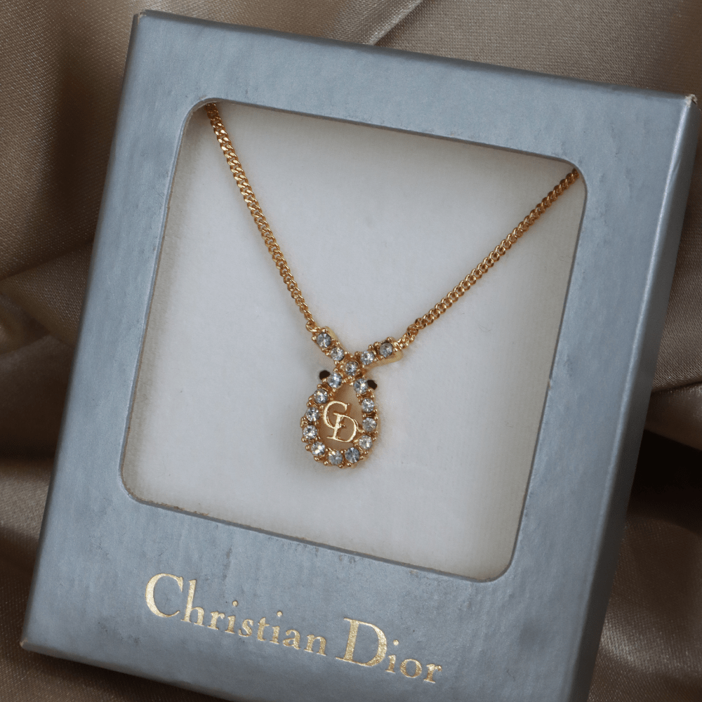 CHRISTIAN DIOR 水滴型吊墜CD閃石項鏈｜1980年代款 ｜未使用附原盒 - Vintasy項鏈