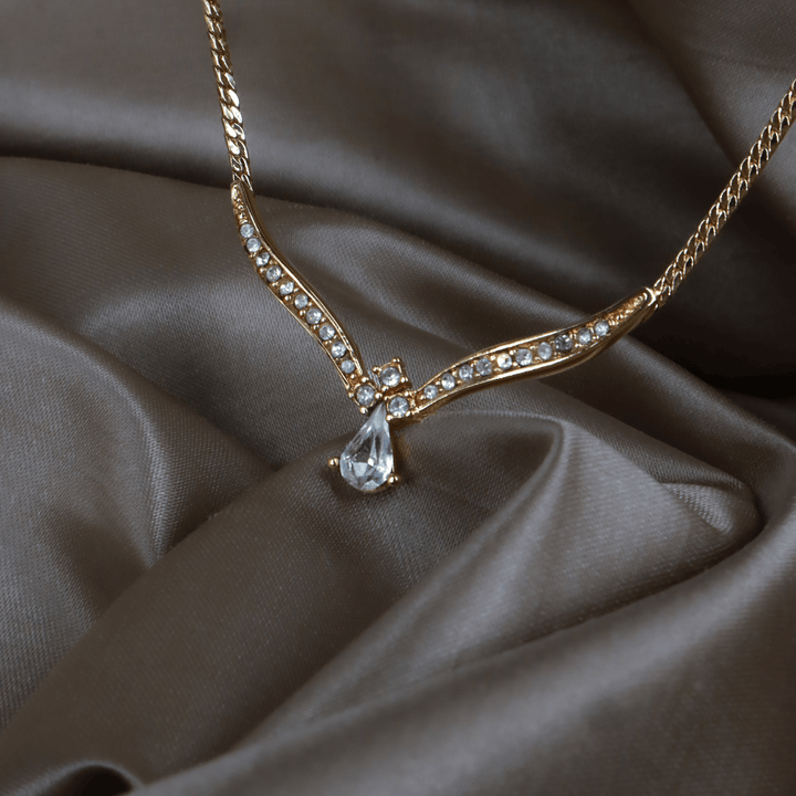 CHRISTIAN DIOR 金色水鑽淚滴項鏈（Teardrop Crystal Necklace款）｜1990年代經典 ｜未使用品 - Vintasy項鏈