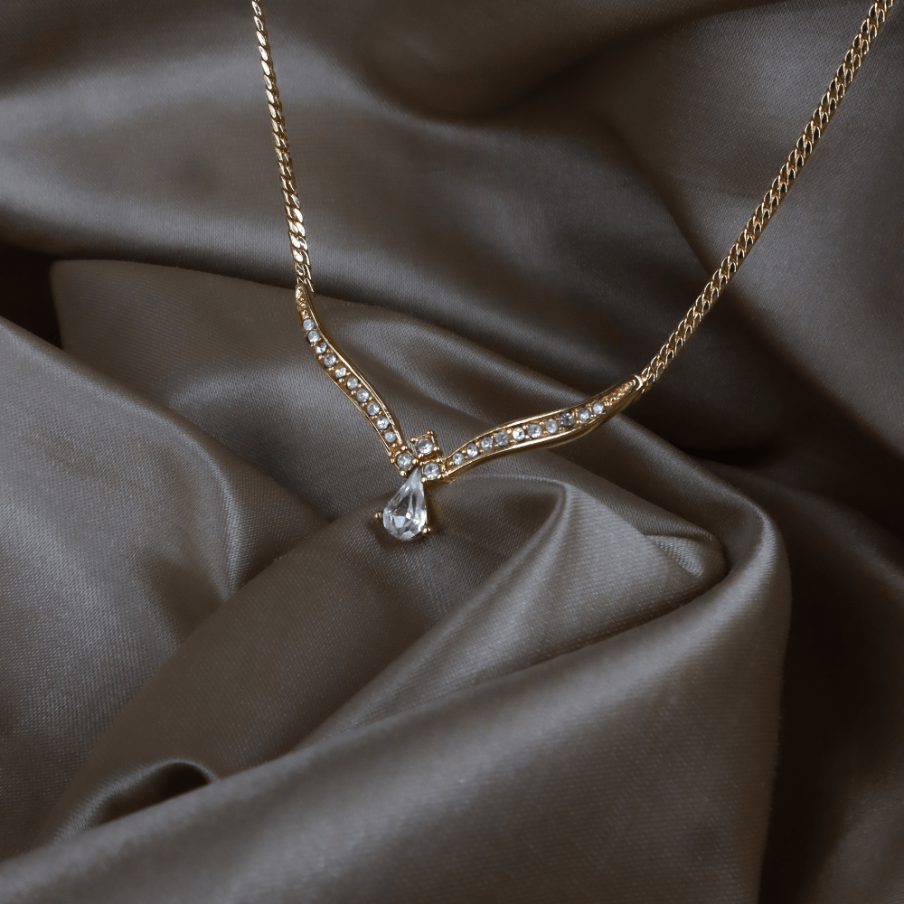 CHRISTIAN DIOR 金色水鑽淚滴項鏈（Teardrop Crystal Necklace款）｜1990年代經典 ｜未使用品 - Vintasy項鏈