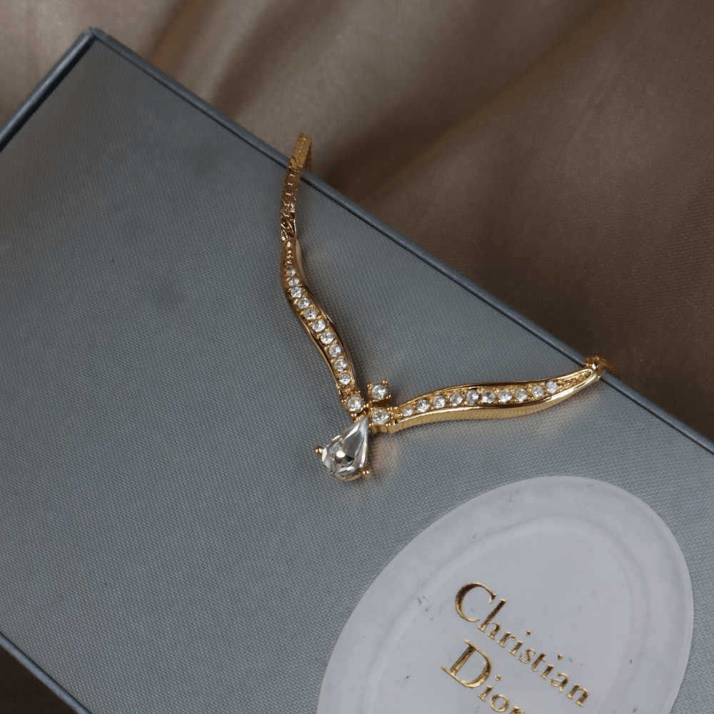 CHRISTIAN DIOR 金色V型水滴水晶晚宴項鏈｜1980年代 ｜未使用美品連原盒 - Vintasy項鏈