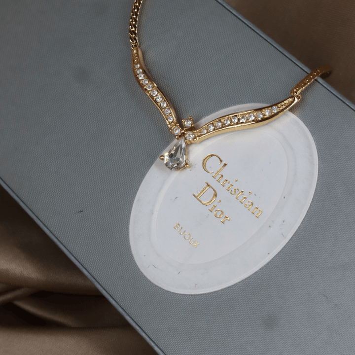CHRISTIAN DIOR 金色V型水滴水晶晚宴項鏈｜1980年代 ｜未使用美品連原盒 - Vintasy項鏈