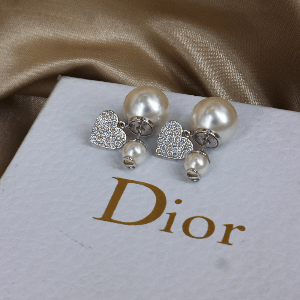 CHRISTIAN DIOR 心形閃石雙珠耳針（銀色配仿珍珠）｜未使用級美品・附原盒 ｜｜VINTASY 中古美品 ｜ 香港最大型中古首飾收藏店｜ DIOR ｜ 耳環