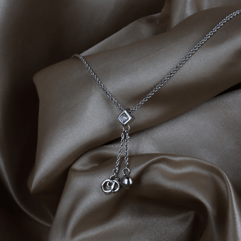 CHRISTIAN DIOR 銀色水晶雙鍊Y字垂墜項鏈 ｜ 極罕產品 - Vintasy項鏈