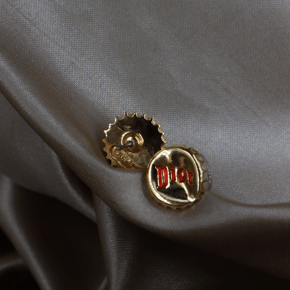 DIOR 復古金色瓶蓋Logo琺瑯耳環 - Vintasy