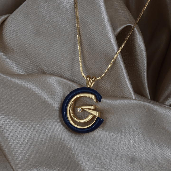 GIVENCHY G Logo 琺瑯吊墜項鏈（藍金配色）｜1990年代 - Vintasy