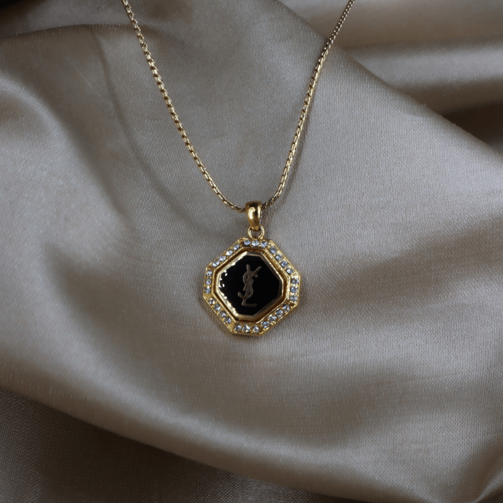 YSL Logo pendant rhinestone necklace | SAINT LAURENT PARIS – Vintasy